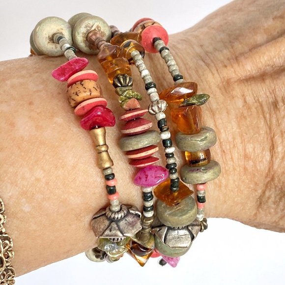 Boho Amber Gemstones Hill Tribe Silver Beads 4-Strand Memory Wire Bracelet 6.5” - Picture 3 of 4